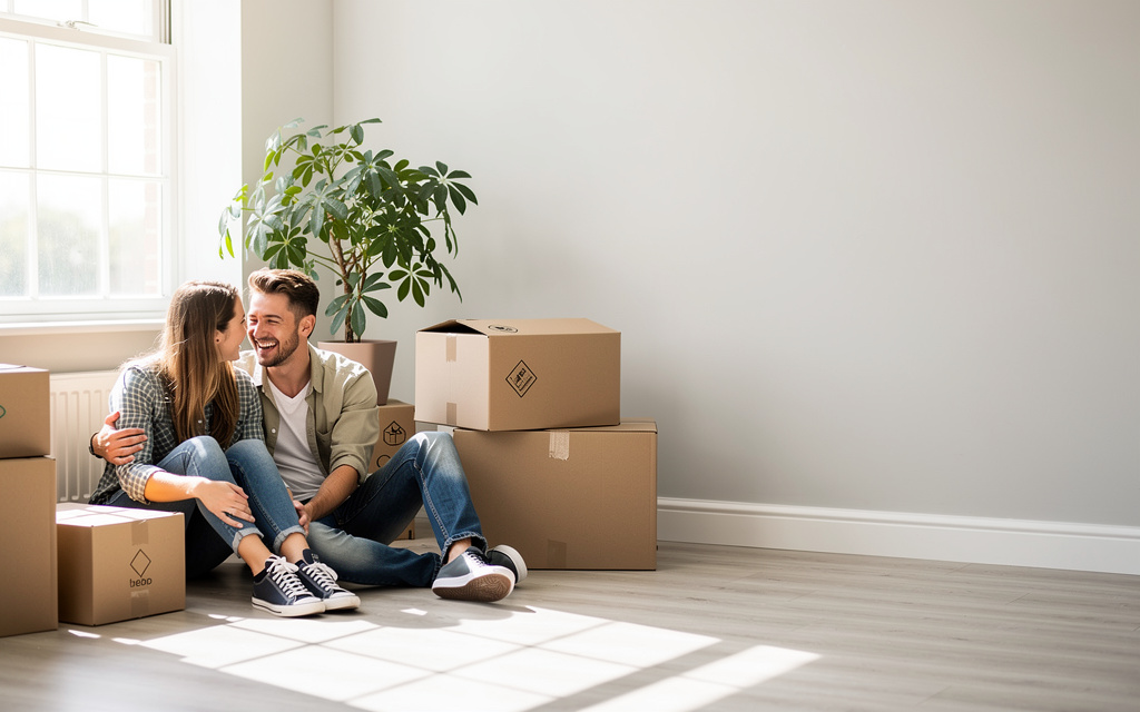 A couple relaxing among moving boxes in their bright new home